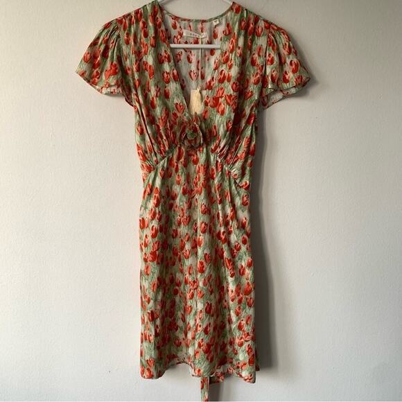 NWT Doen Kelsea Silk Rosette Floral V-Neck Short Sleeve Mini Dress Tulip Fields - Picture 1 of 16